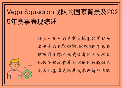 Vega Squadron战队的国家背景及2025年赛事表现综述